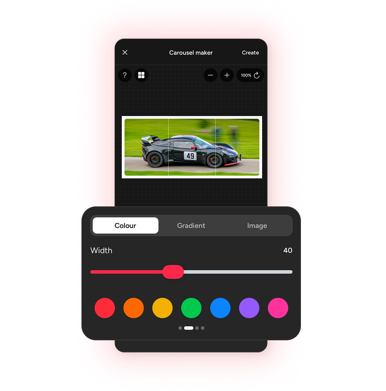 Photospec border controls with width slider and colour swatches over a motorsport photo