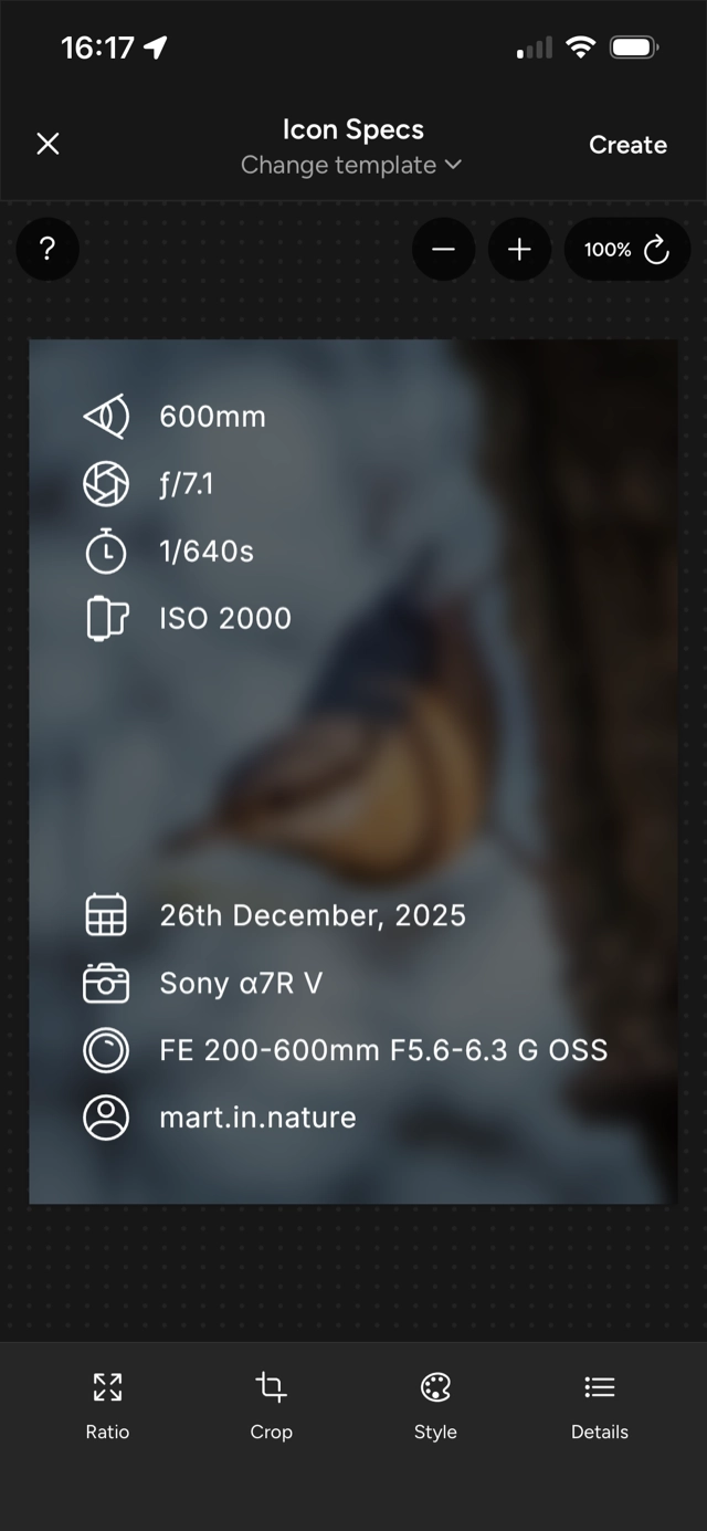 Photospec icon-specs template overlaying camera settings as icons on a photo