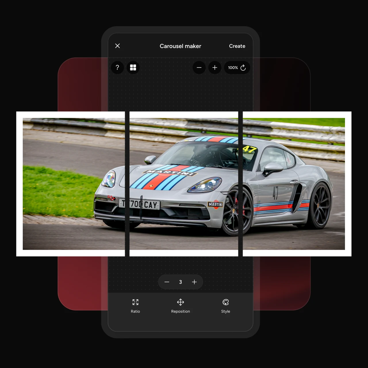The Photospec carousel maker splitting a photo of a race car across three evenly aligned slides