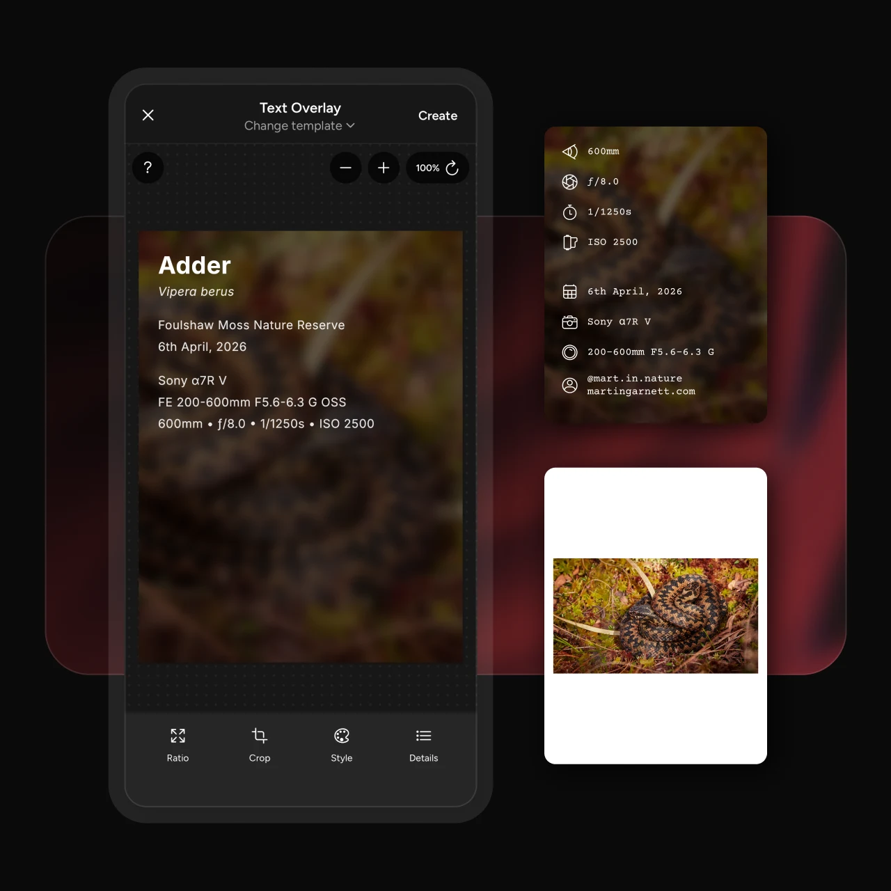 The Photospec text overlay editor beside two exported images — one with a full camera-detail plate, one with a white border