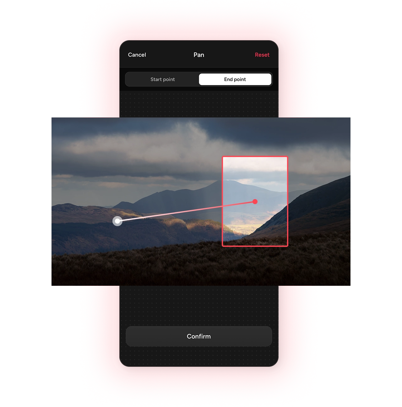 Setting pan start and end points across a landscape in the Photospec app