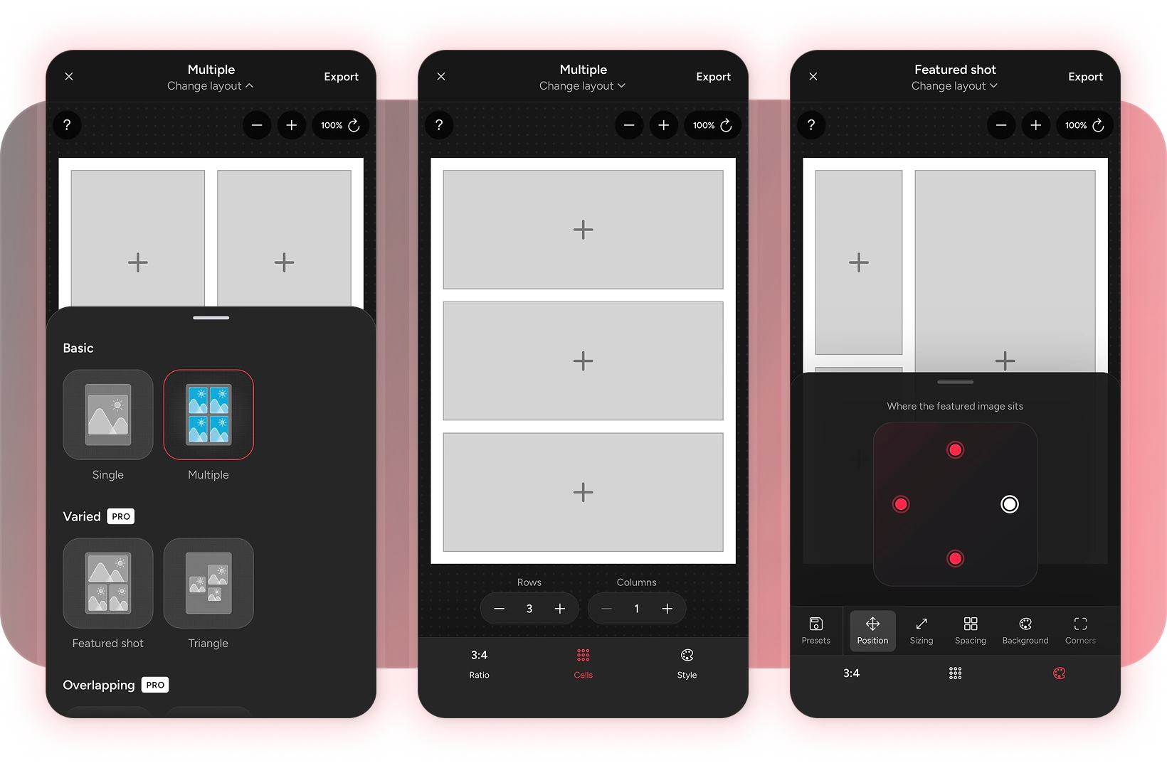 Three screenshots of the Layout maker showcasing the UI and options available